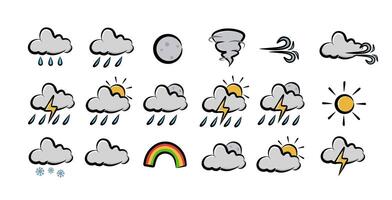 Weather icons set with clouds rain sun moon storm rainbow in cartoon style for weather app forecast infographic and educational graphic vector