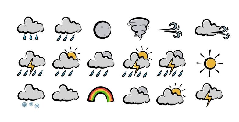 Weather icons set with clouds rain sun moon storm rainbow in cartoon style for weather app forecast infographic and educational graphic