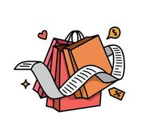 Shopping bags with receipt and discount icons in colorful outline style, perfect for e-commerce or retail themes vector