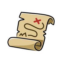 Treasure map with curled parchment edges and red x mark showing an adventure route in cartoon style vector