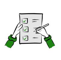 Hand-drawn checklist illustration, person holding and writing on a task list with green checkmarks in doodle style vector