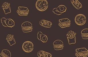 Seamless pattern of fast food icons including burger, sandwich, pizza, onion rings, fries, and hotdog on dark background, perfect for junk food theme packaging or restaurant branding vector