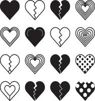 A set of black and white hearts with different shapes vector