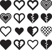 Collection of sixteen diverse black heart icons on a white background vector