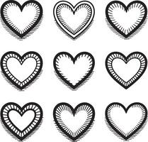 Collection of nine black and white hand drawn hearts with unique border designs vector