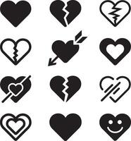 Collection of black heart icons representing love and broken heart emotions vector