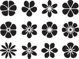 Collection of twelve stylized black flower icons with simple petal designs on white background vector
