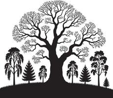 Silhouette of a large ancient tree surrounded by smaller trees on a white background vector