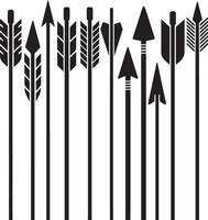 Collection of stylized black arrows with feathered and triangular heads on white background vector