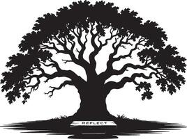 Silhouette of a large oak tree with a bench inviting reflection on a white background vector