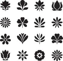 Collection of black floral silhouettes and botanical icons on white background vector