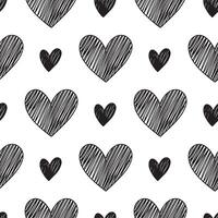 Seamless black and white hand drawn scribble heart pattern background vector
