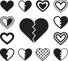 Collection of stylized black and white heart icons with various designs and broken hearts vector