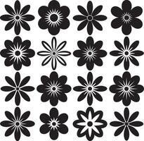 Collection of sixteen stylized black flower icons on a white background vector