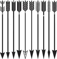 Collection of nine distinct black arrowheads pointing downwards on a white background vector