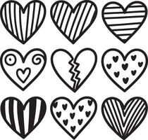 Collection of nine hand drawn black and white hearts with different patterns and designs vector
