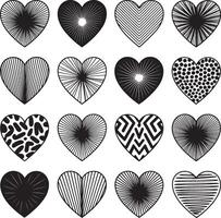 Collection of sixteen black and white hearts with diverse abstract patterns vector