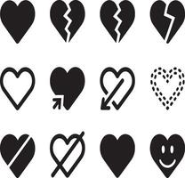 Collection of twelve diverse black heart shape icons on a white background vector