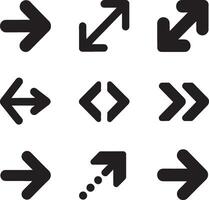 Collection of nine black arrow icons on a white background representing different directions and actions vector