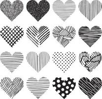Collection of sixteen unique hand drawn hearts with various black and white patterns vector