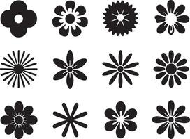 twelve black silhouette flower icons on a white background vector