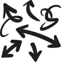Collection of diverse black hand drawn arrows pointing in different directions on white background vector