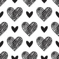 Seamless pattern of black sketched hearts and solid hearts on a white background vector