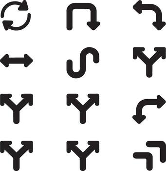 Collection of stylized black arrow icons representing direction and movement on a white background vector
