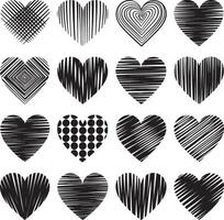 Collection of sixteen black hearts with varied line and dot patterns vector