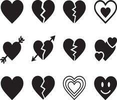 Collection of black heart icons representing love broken hearts and emotions vector