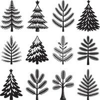 Collection of twelve hand drawn black and white christmas tree illustrations vector