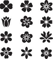 Collection of twelve stylized black flower icons on a white background vector