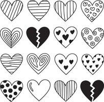 Collection of sixteen hand drawn hearts with various patterns and a broken heart vector