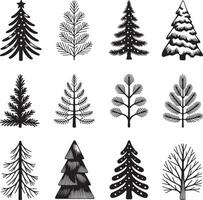 Collection of twelve diverse black and white christmas tree illustrations on a white background vector