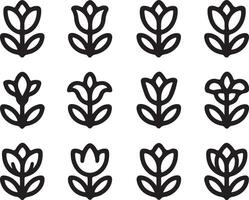 Set of twelve simple black outline flower icons in a grid pattern vector