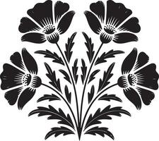 Elegant black silhouette of a floral arrangement with five poppies and leaves vector