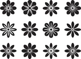 Collection of twelve stylized black daisy flower icons on a white background vector