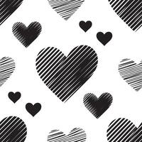 Seamless pattern of black hearts with various hatching styles on a white background vector