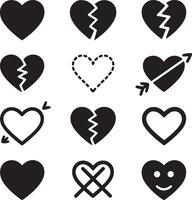 Collection of black heart icons representing love emotions and relationships vector