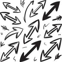 Collection of diverse hand drawn black arrows and decorative elements on white background vector