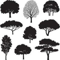 Collection of diverse tree silhouettes in black and white on a white background vector