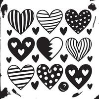 Collection of nine black and white hearts with various patterns and textures vector