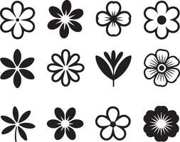 Collection of twelve simple black and white floral icons on a white background vector