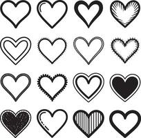 Collection of sixteen unique hand drawn black and white heart illustrations vector