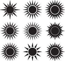 Collection of nine stylized black sun icons on a white background vector