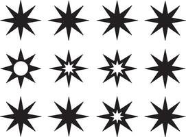 Collection of diverse black starburst and star shapes on white background vector