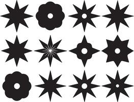 Collection of diverse black star and floral silhouettes on white background vector