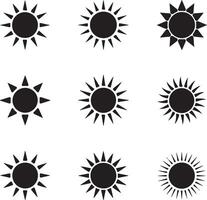nine black sun icons with varying ray designs vector