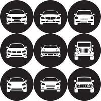 Collection of white car silhouettes on black circular backgrounds vector