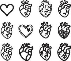 Collection of stylized anatomical heart illustrations with a simple outline and varied designs vector